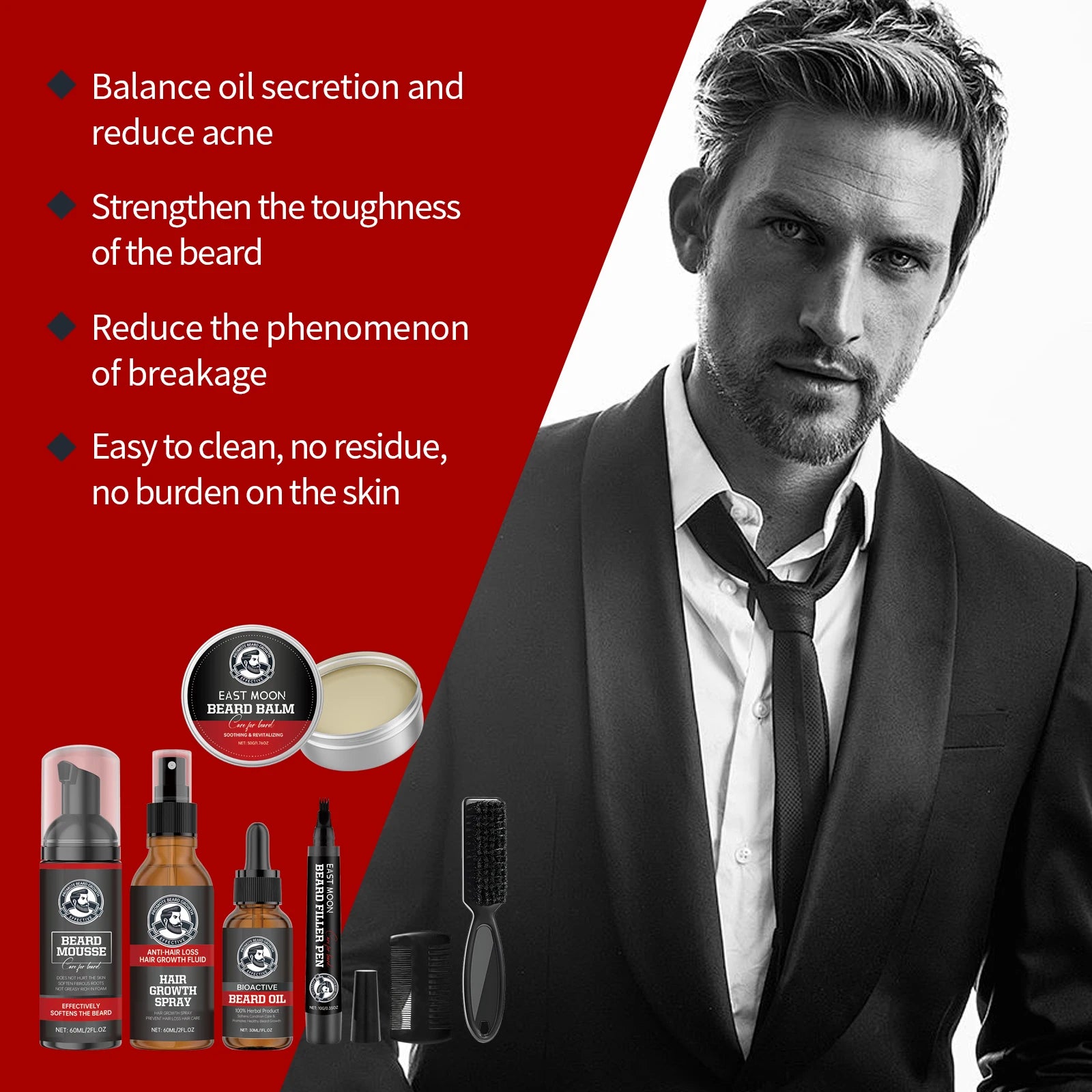 East Moon Men Beard Care Set for Cleaning Strengthen Nourishing Beard Promote Beard Growth Moisturizing Men Whisker Care Set