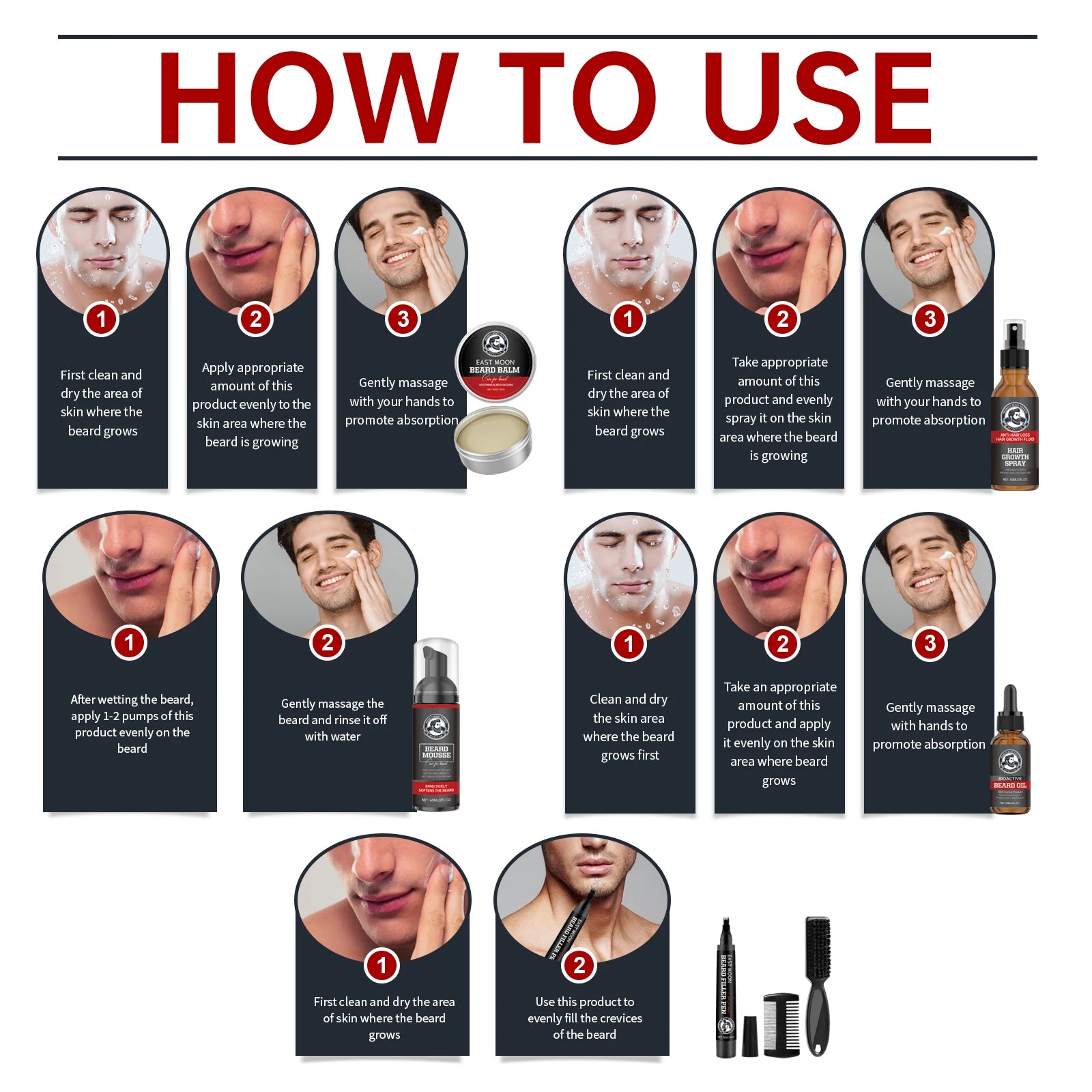 East Moon Men Beard Care Set for Cleaning Strengthen Nourishing Beard Promote Beard Growth Moisturizing Men Whisker Care Set