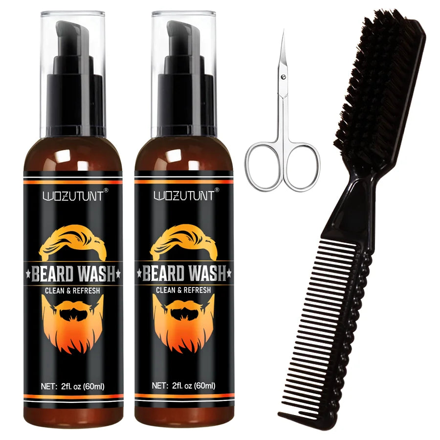 Beard Wash Care Kit Cleaning Strengthen Nourishing Moisturizing Anti-detachment Moustache Shampoo Conditioner Set for Men Gift