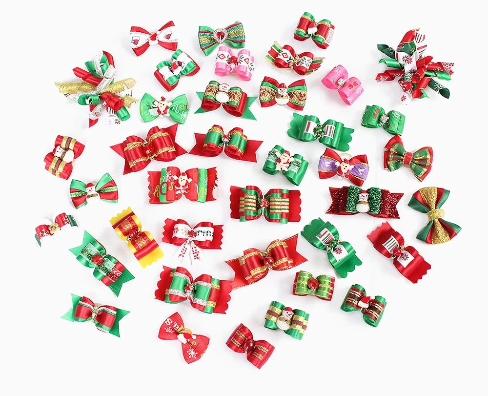 50pcs/lot Handmade Ribbon Festival Xmas Grooming Pets Ornaments Christmas Dog Bows  pet dog accessories