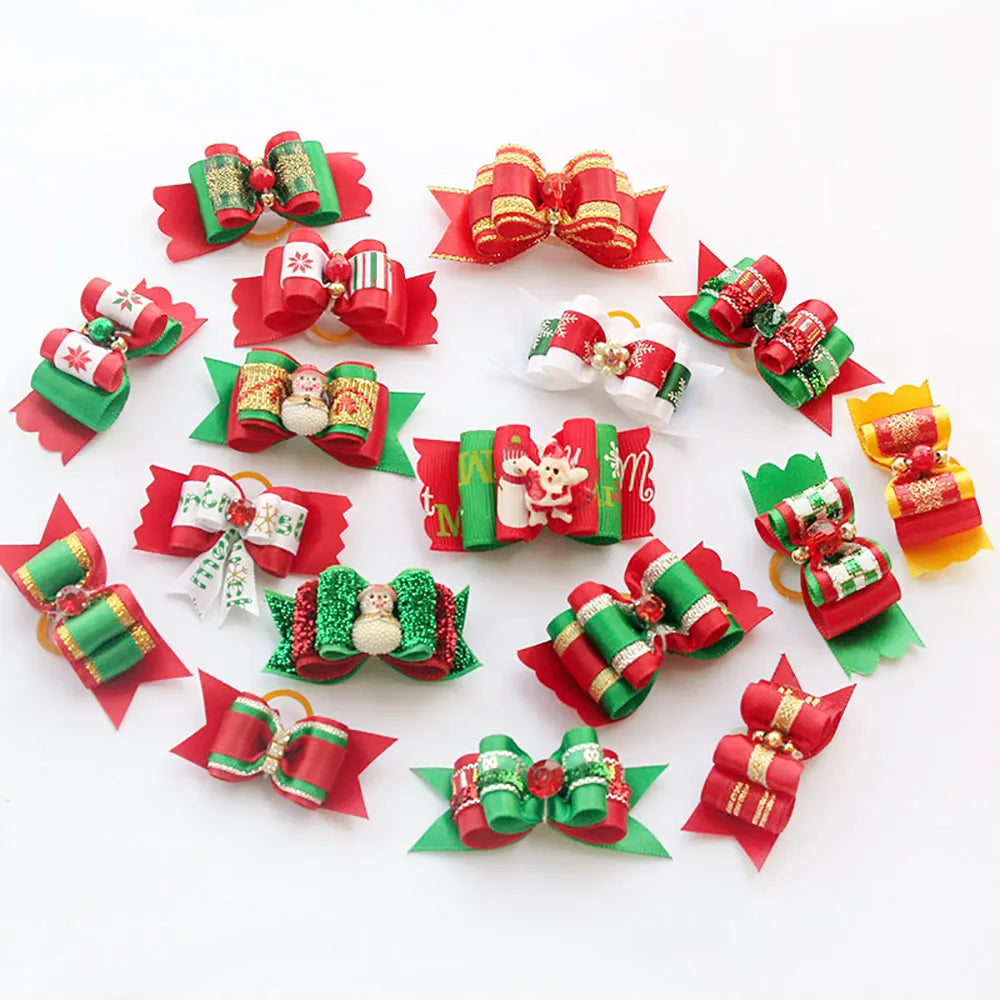 50pcs/lot Handmade Ribbon Festival Xmas Grooming Pets Ornaments Christmas Dog Bows  pet dog accessories