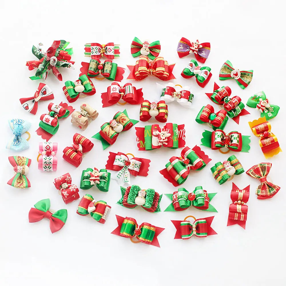 50pcs/lot Handmade Ribbon Festival Xmas Grooming Pets Ornaments Christmas Dog Bows  pet dog accessories