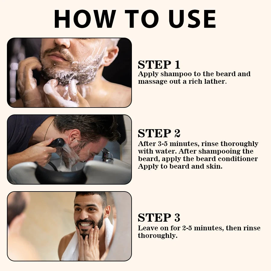 Beard Wash Care Kit Cleaning Strengthen Nourishing Moisturizing Anti-detachment Moustache Shampoo Conditioner Set for Men Gift