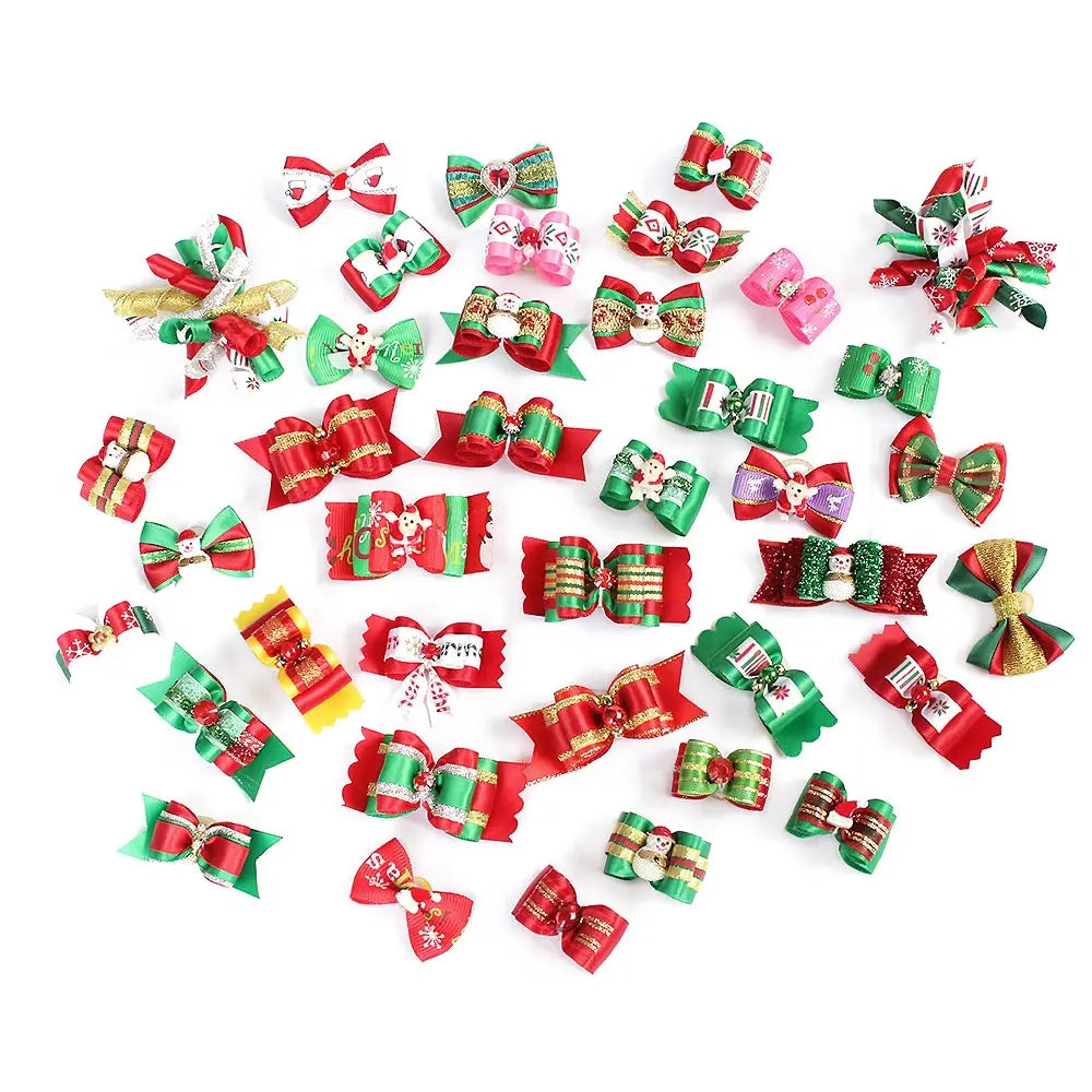 50pcs/lot Handmade Ribbon Festival Xmas Grooming Pets Ornaments Christmas Dog Bows  pet dog accessories