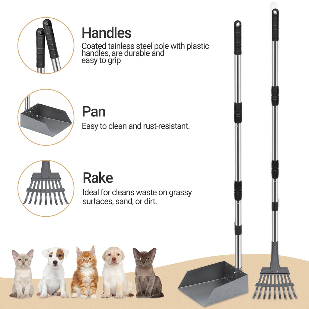 Dog Pooper Scooper, Dog Poop Tray and Rake Set, Pet Waste Removal Scoop with Long Adjustable Sectional Stainless Handles