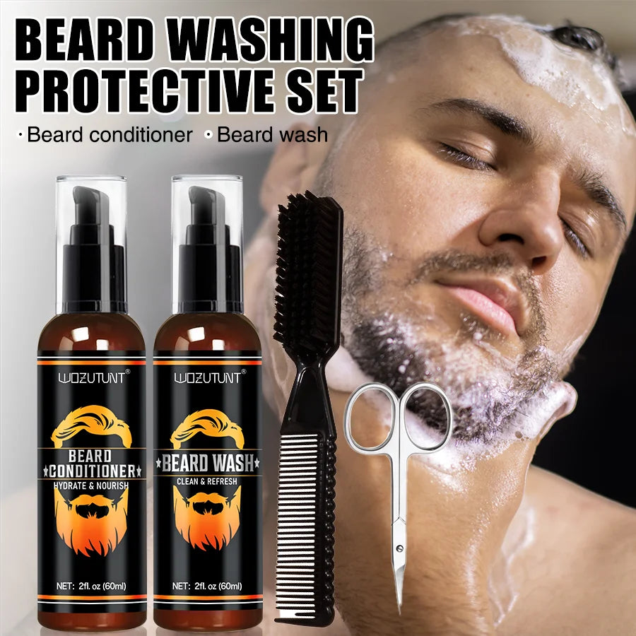 Beard Wash Care Kit Cleaning Strengthen Nourishing Moisturizing Anti-detachment Moustache Shampoo Conditioner Set for Men Gift
