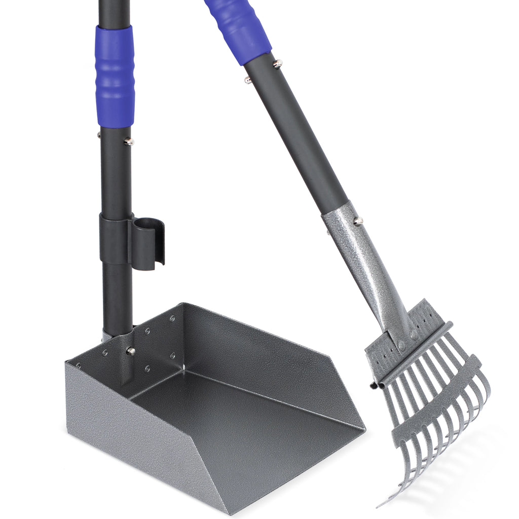 Dog Pooper Scooper, Dog Poop Tray and Rake Set, Pet Waste Removal Scoop with Long Adjustable Sectional Stainless Handles