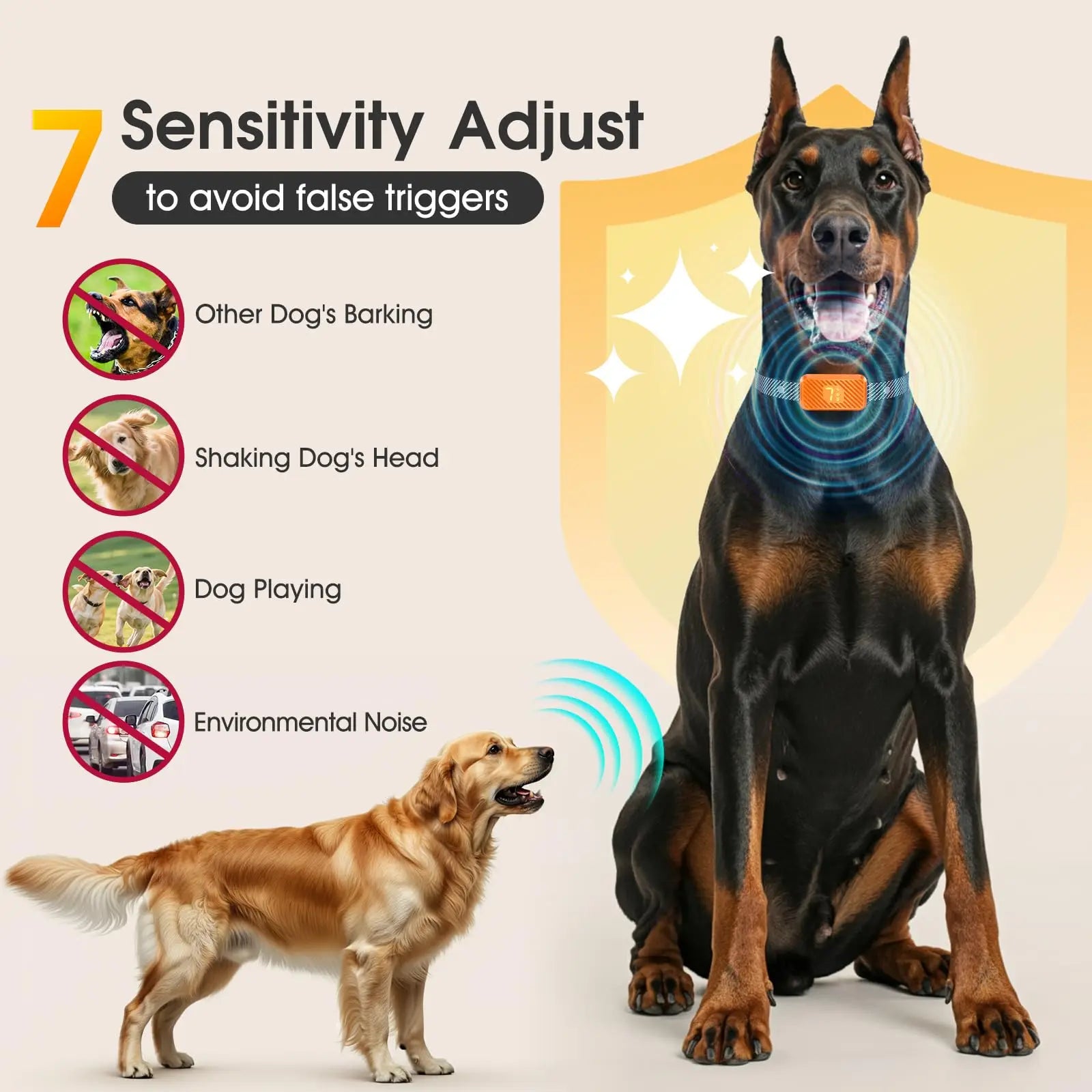 Dog Bark Collar for Large Medium Small Dogs, Smart Barking Collar, Rechargeable with 7-Level Sensitivity, 3 Beep & Vibration