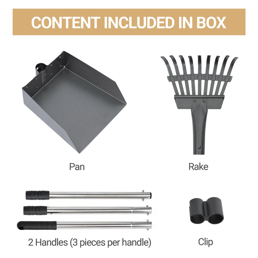 Dog Pooper Scooper, Dog Poop Tray and Rake Set, Pet Waste Removal Scoop with Long Adjustable Sectional Stainless Handles