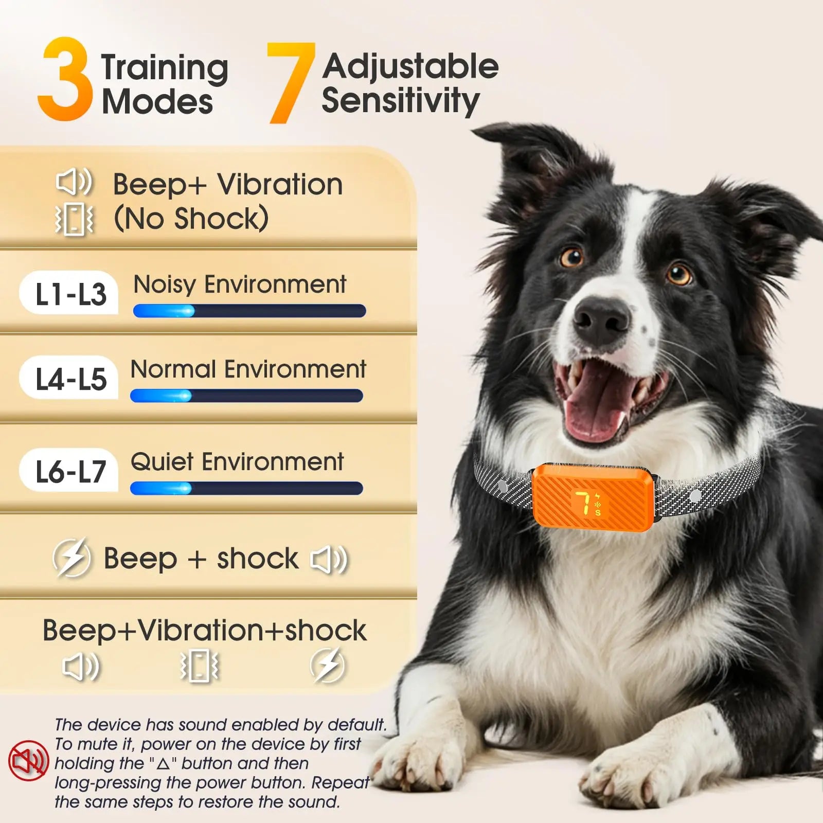 Dog Bark Collar for Large Medium Small Dogs, Smart Barking Collar, Rechargeable with 7-Level Sensitivity, 3 Beep & Vibration