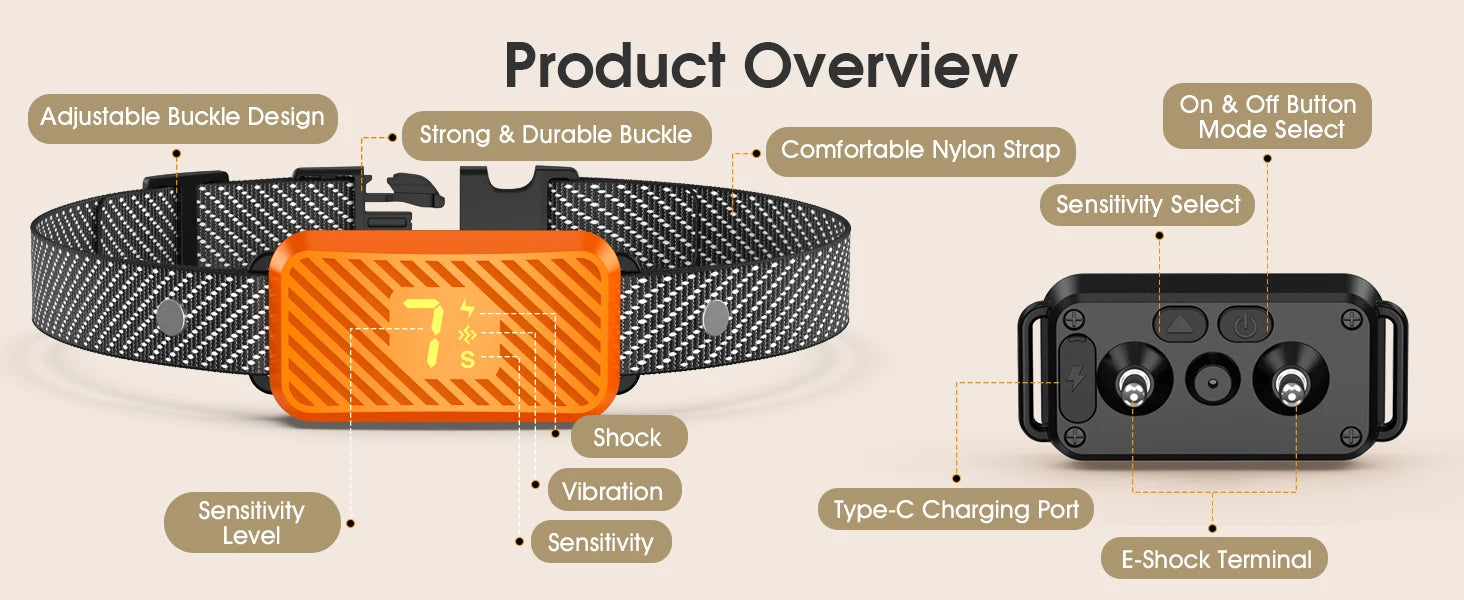 Dog Bark Collar for Large Medium Small Dogs, Smart Barking Collar, Rechargeable with 7-Level Sensitivity, 3 Beep & Vibration